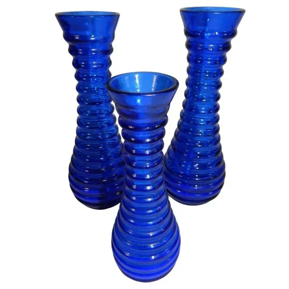 Cobalt Blue Ribbed Glass Vases Depression Glass Beehive Bud Vases Set Of 3 - Picture 1 of 13